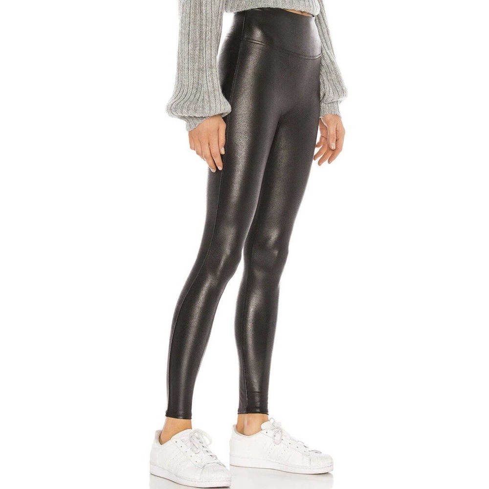 SPANX Womens XS Faux Leather Leggings in Black Solid Pull On Tummy Shaping‎